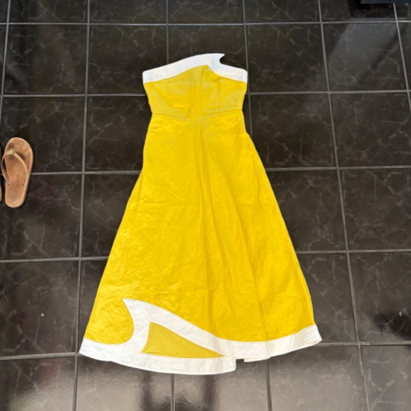 STAUD detail strapless linen Dress yellow and white NEW WITH TAGS!! Size 4 - Picture 3 of 7